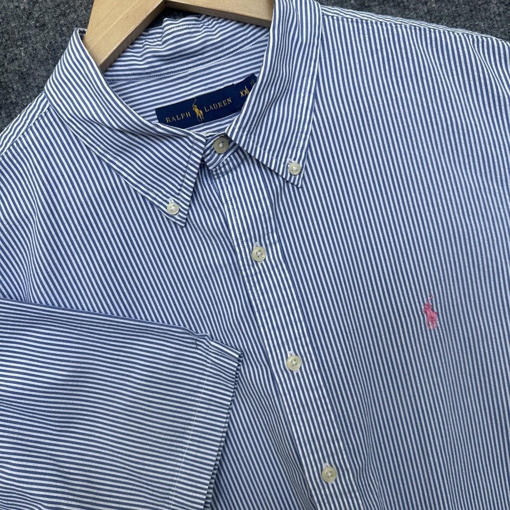 Ralph Lauren Men's Sz 2XL Blue Stripe Seersucker Short Sleeve Pink Pony Classic
